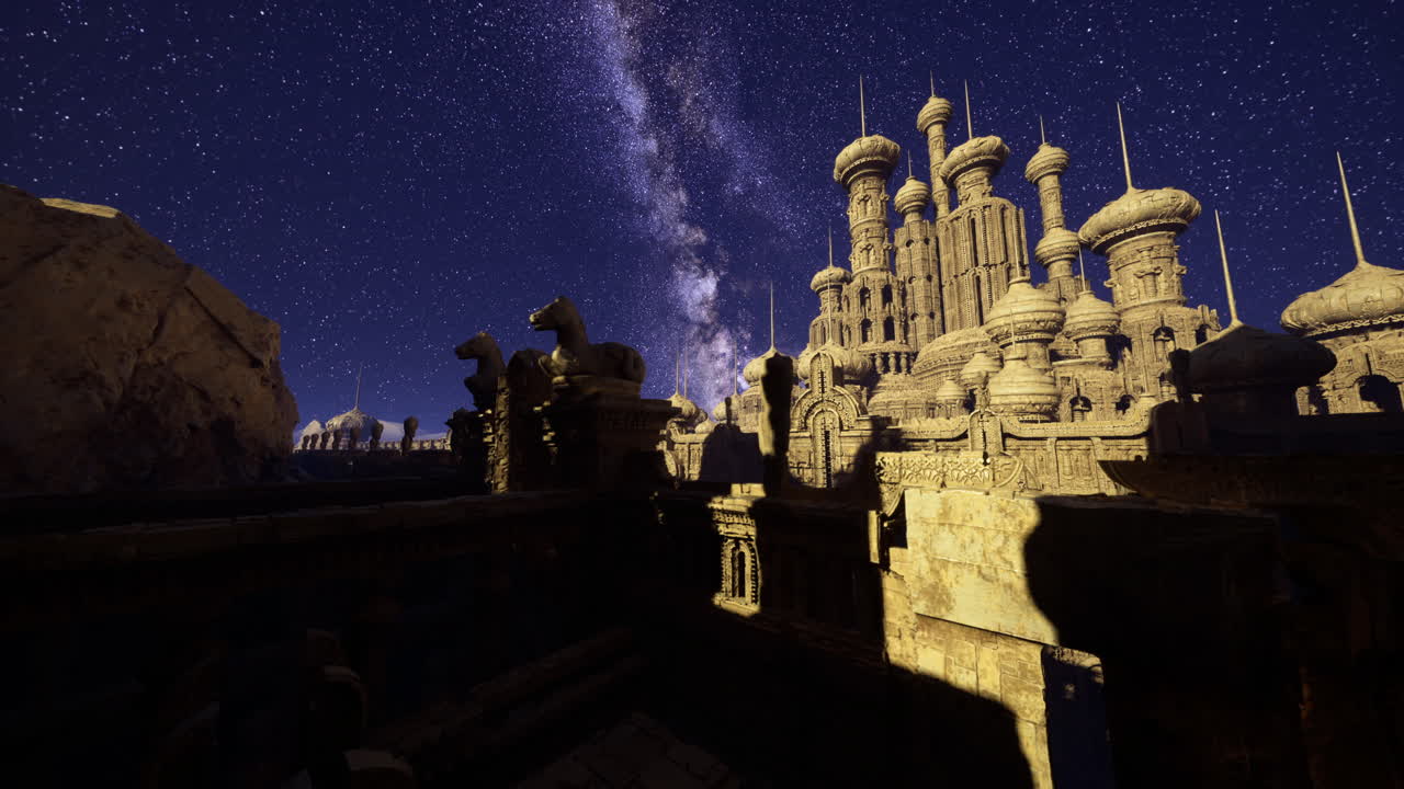 Majestic ancient castle under a starry night sky with a shimmering milky way