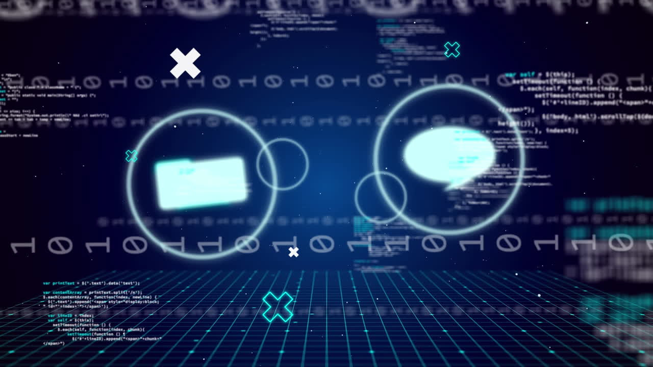 Animation of digital icon and binary coding data processing over blue background