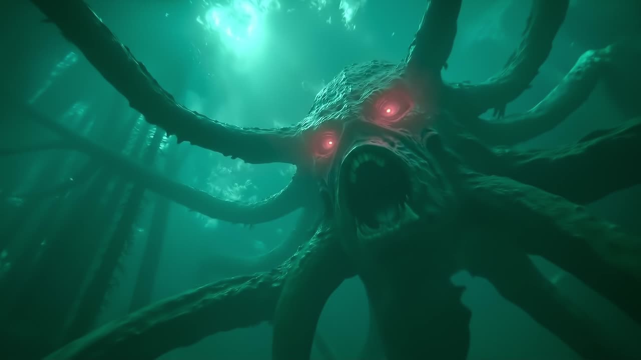 An octopus with red eyes in the middle of the ocean