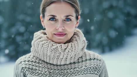 mujer sonriente en un suéter de punto en la nieve