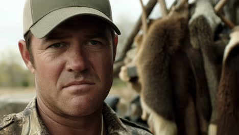 Close-up of a serious man in camouflage and a cap