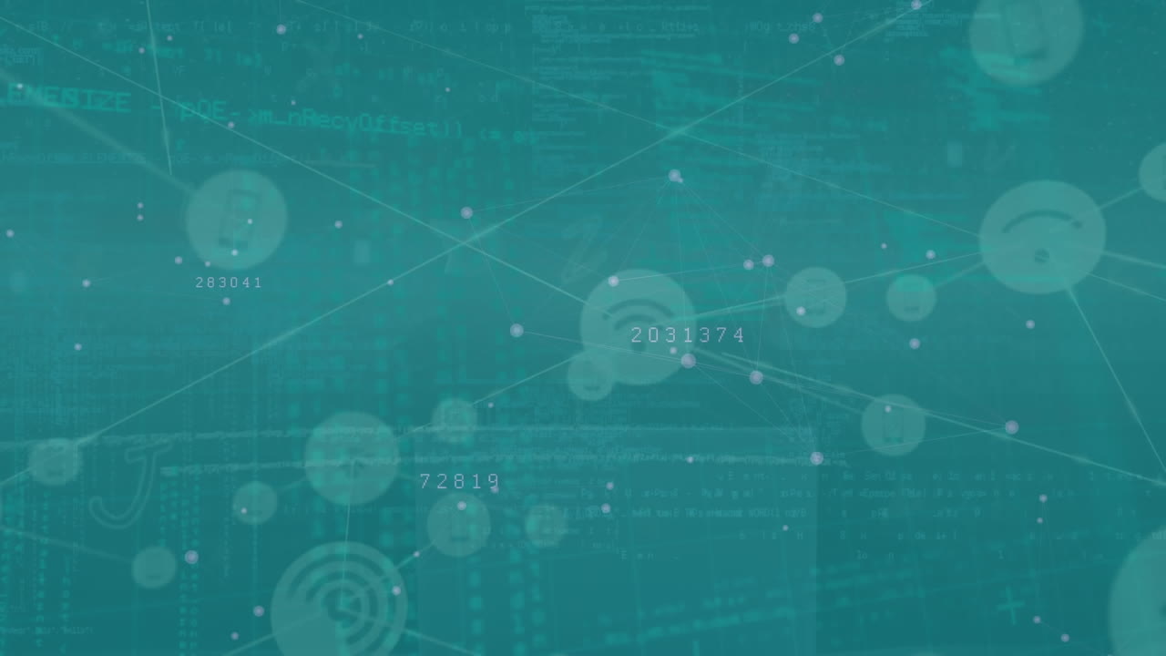 animación de números cambiantes e iconos de computadora conectados con líneas a través del lenguaje de programación