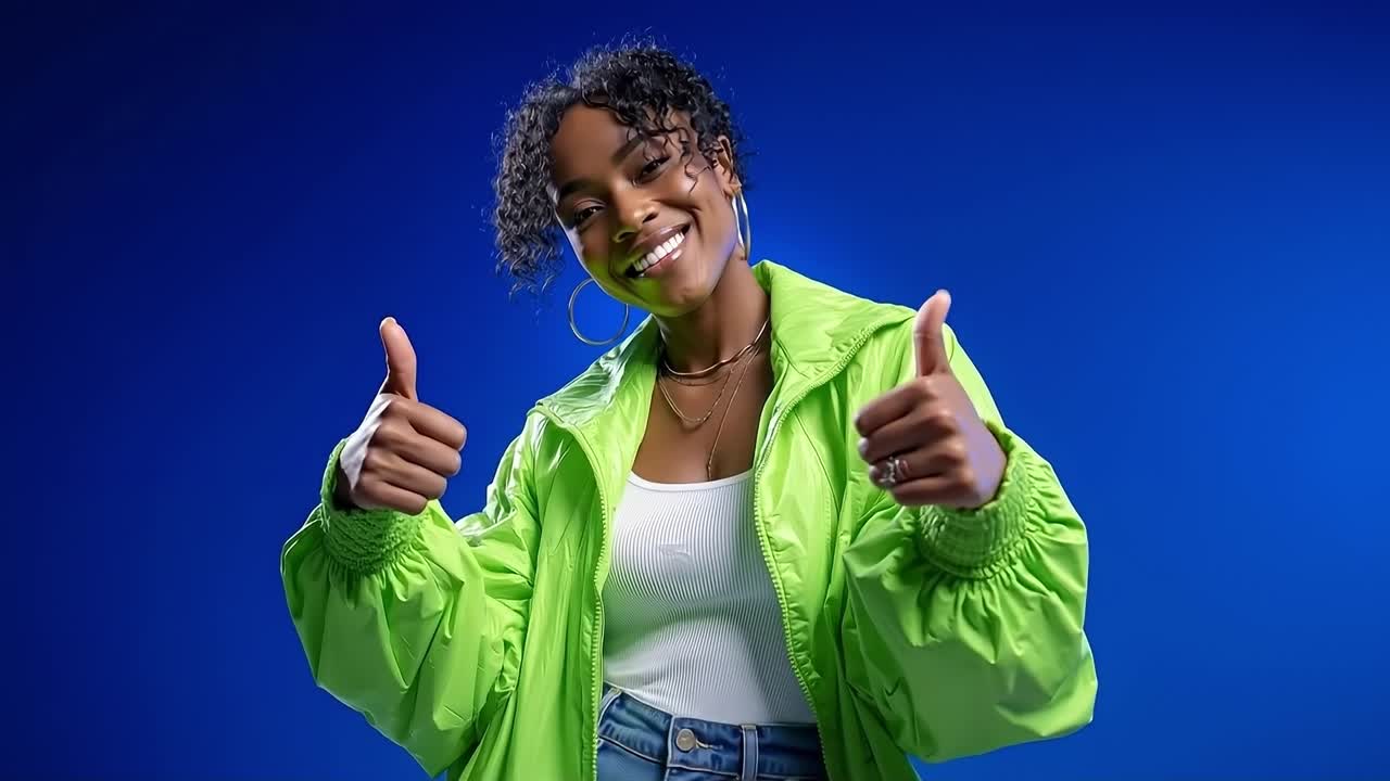 Una donna con una giacca verde che fa il pollice in su