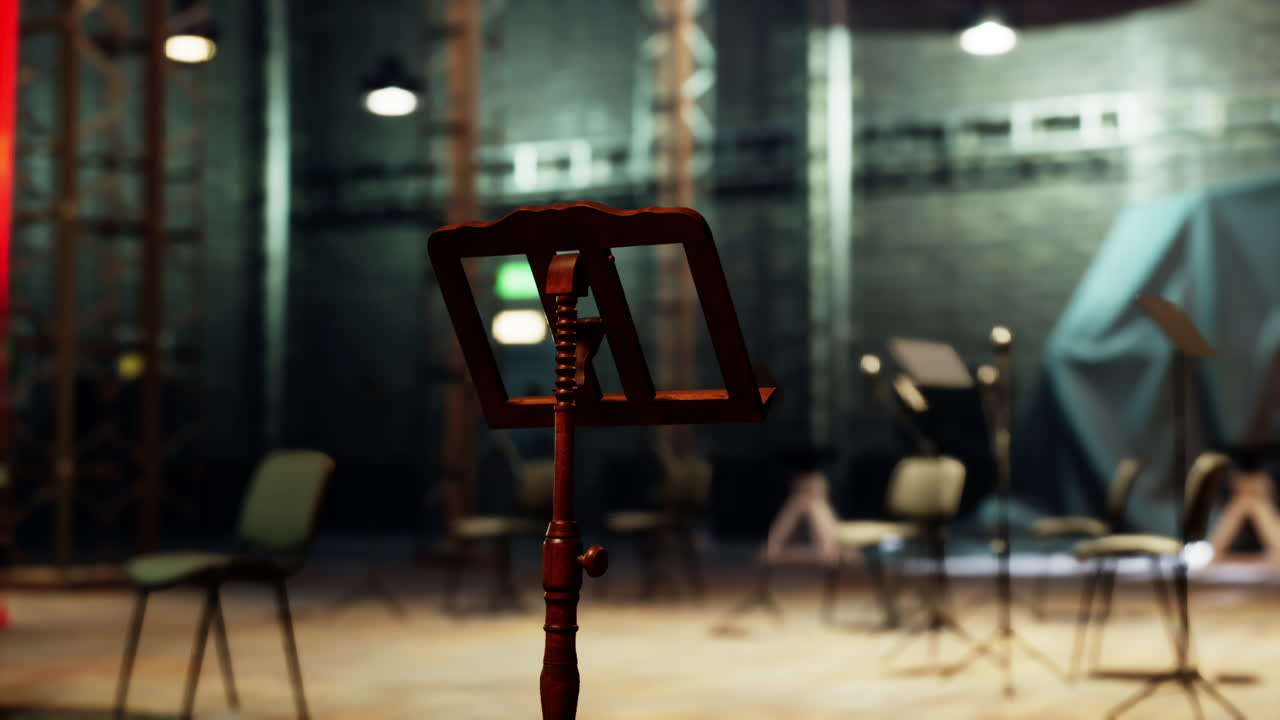 음악 스탠드 와 의자 들 이 있는  빈 무대