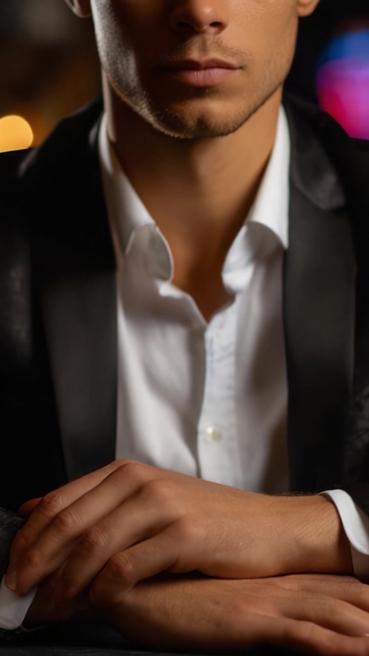 Primer plano cautivador de un individuo elegante con atuendo formal, mostrando expresiones y elegancia en una atmósfera moderna con un toque de misterio.