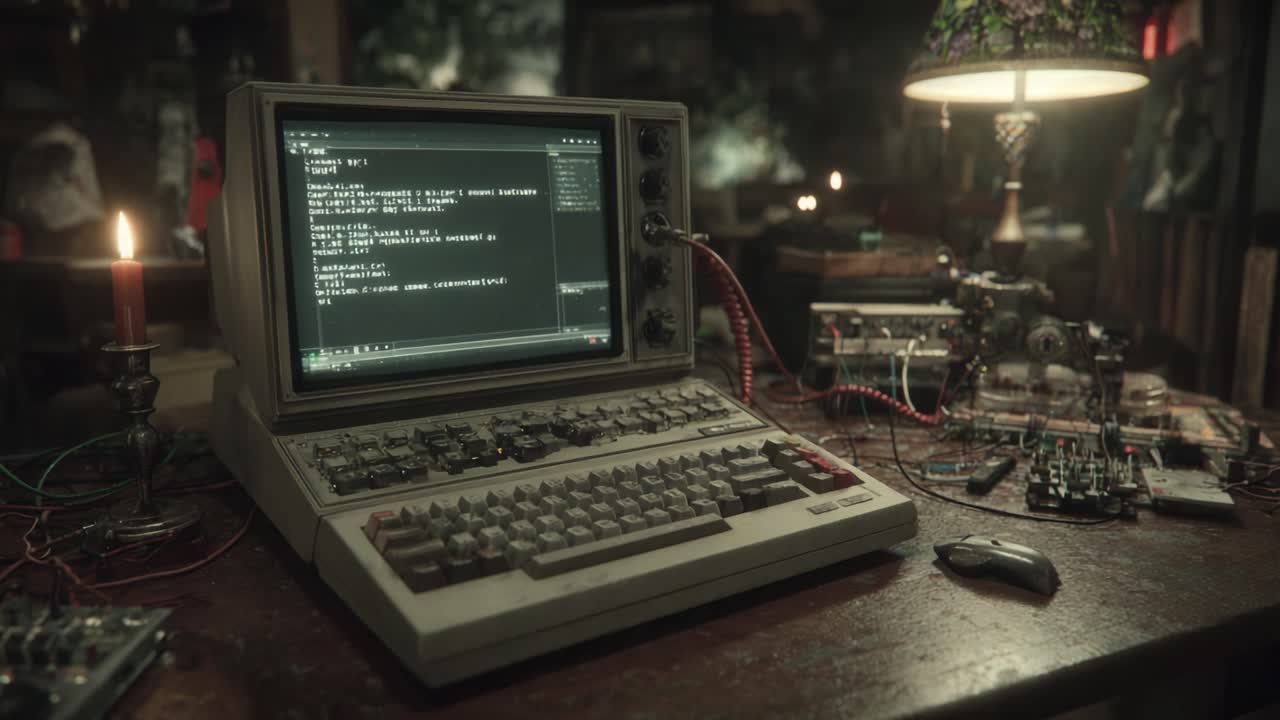 A Vintage Computer Encounter: Exploring a Dimly Lit Room Filled with Nostalgic Technology, Whimsical Lamps, and Intricate Circuitry in a Retro Gaming Setup
