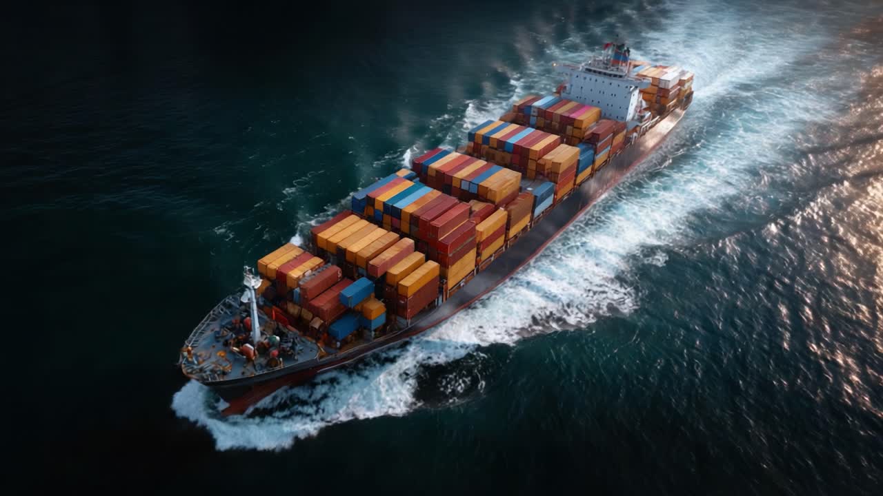 Aerial View of a Freight Ship Navigating Through Water with Colorful Cargo Containers, Showcasing Maritime Transportation and Trade Efficiency