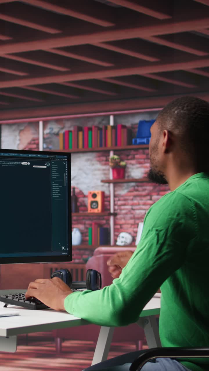 Vertical Video African American worker using generative AI program with photos