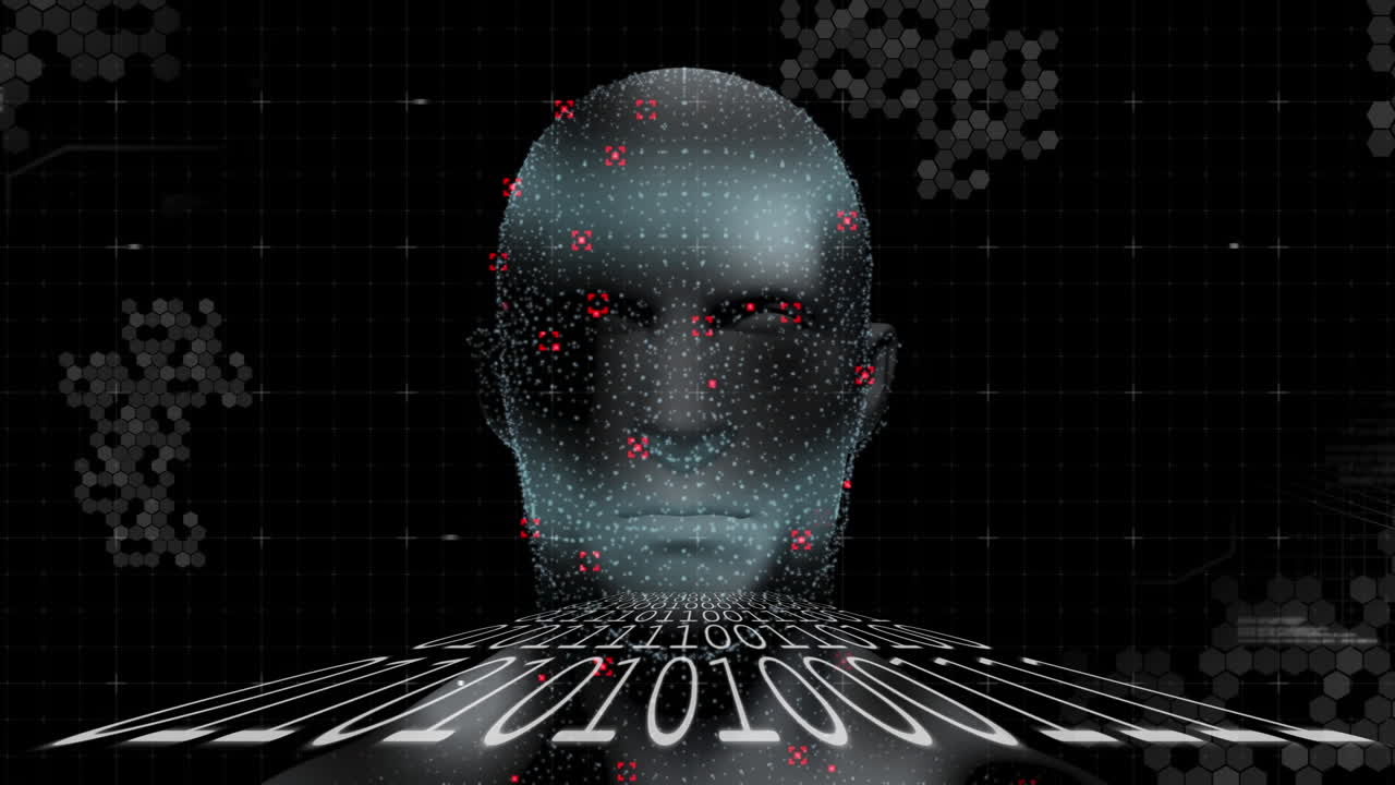 Animazione di elaborazione dati su una testa umana digitale.