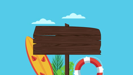 summer holiday season with wooden label and surfboard