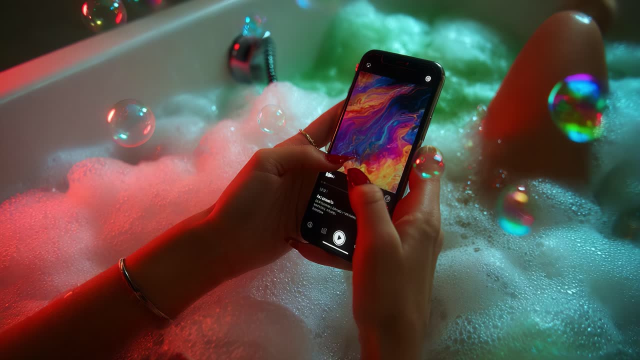A Relaxing Bath Experience with Colorful Bubbles and a Smartphone, Capturing a Moment of Tranquility with Vibrant Visuals in a Mystical Atmosphere