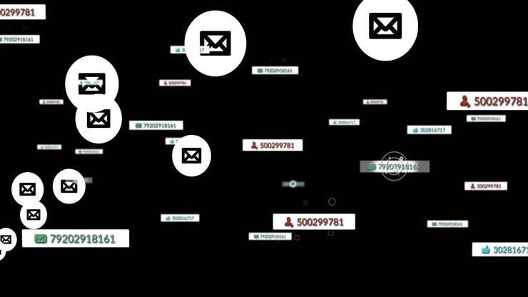 Animation of falling social media icons over dark background