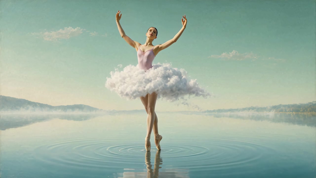 Ballerina con tutù a forma di nuvola che danza sulla superficie calma di un lago