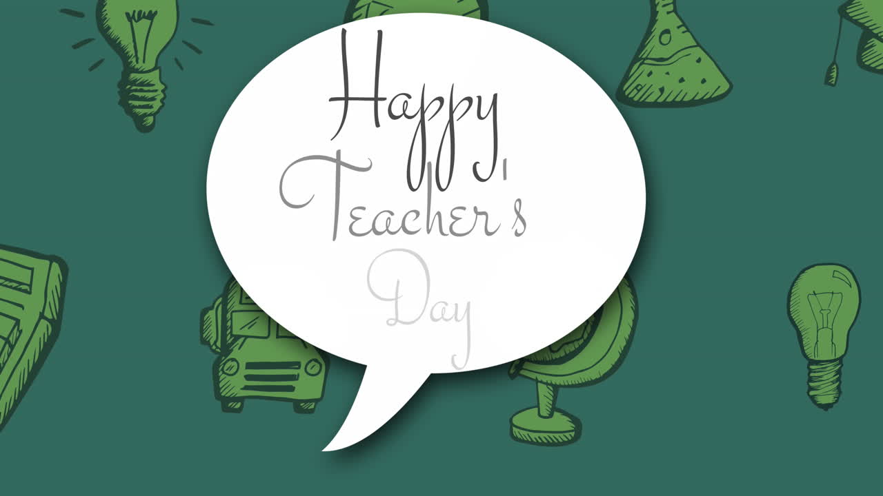 Animation of happy teachers day text over school items icons