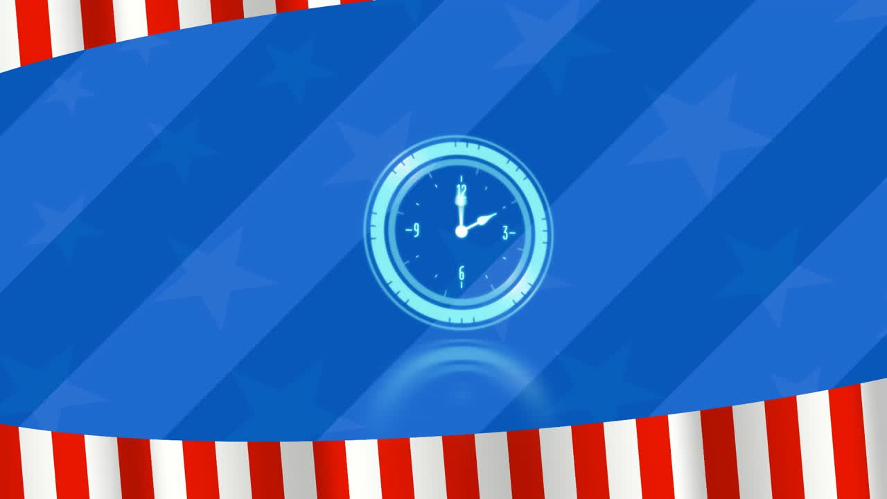 Animation of neon ticking clock over blue background with copy space against american flag design