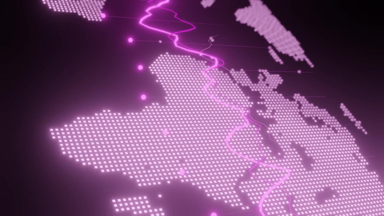 Digital pink world map with glowing points and upward graph line. Abstract macro shot illustrating global financial data and economic trends. Futuristic technology background vertical