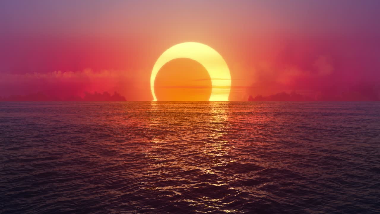puesta de sol y eclipse solar sobre el océano en bucle sin problemas.
