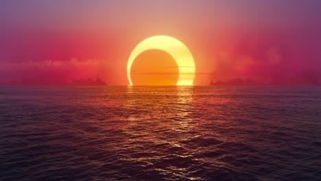 sunset and solar eclipse over seamlessly looped ocean.