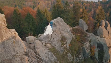 newlyweds stand on a high slope of the mountain. groom and bride. arial view