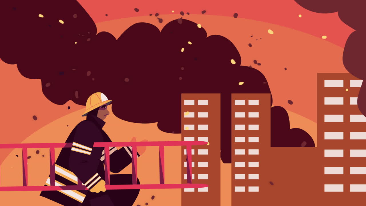 계단 애니메이션을 가진 소방관 응급 작업자