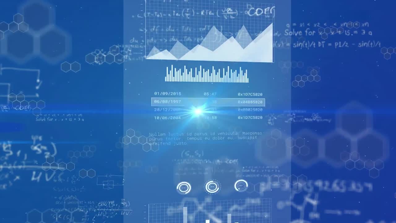 animación de múltiples gráficos, ecuaciones matemáticas y hexágonos sobre un fondo azul