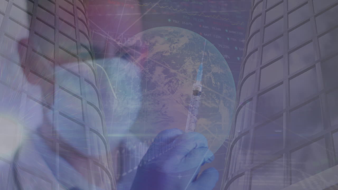 백신 접종을 준비하는 남성 의사가 얼굴 마스크를 착용하는 데이터 처리 애니메이션