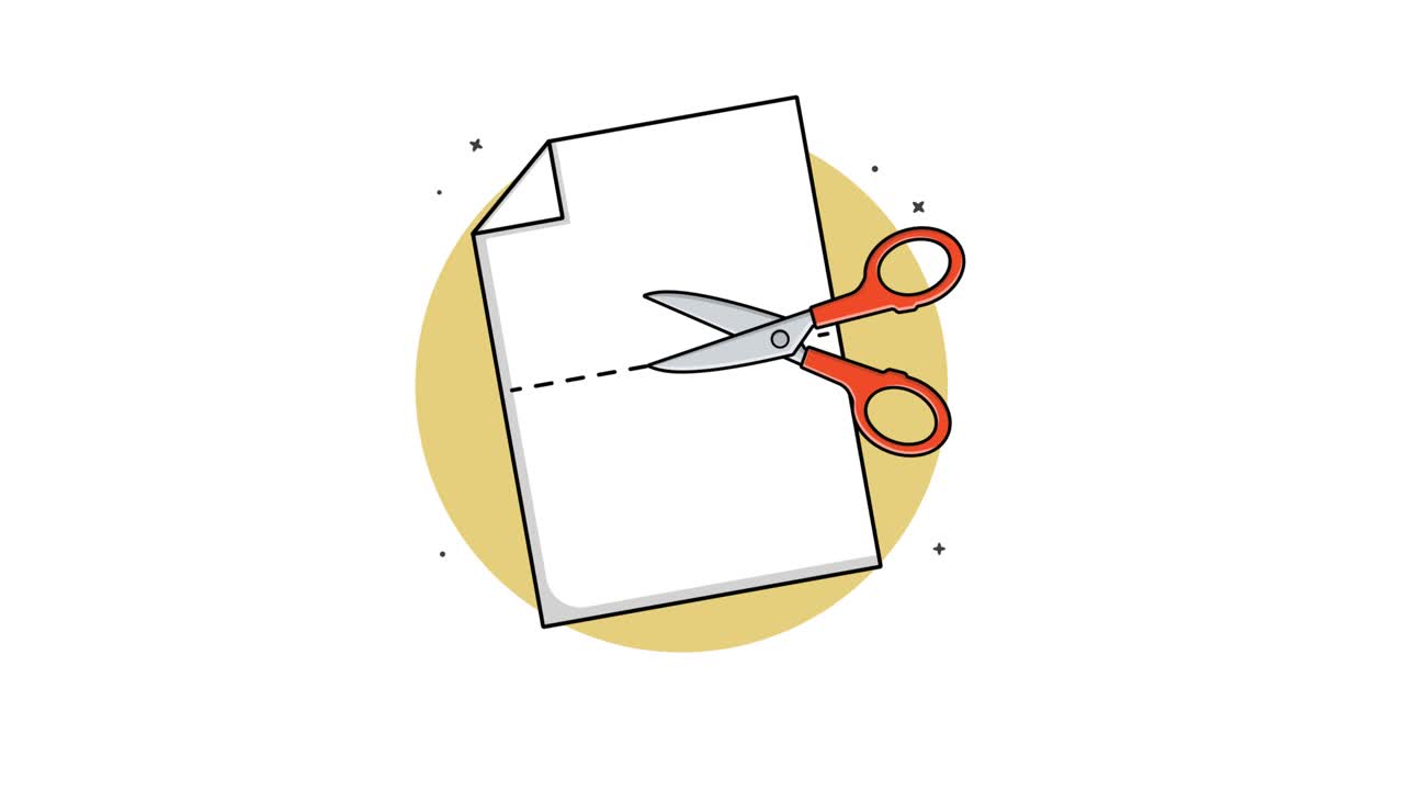 Forbici animate che tagliano un foglio di carta.