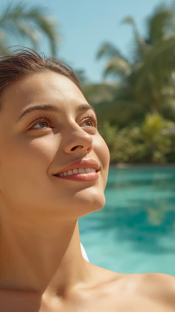 Vertical video: Reacting to sun, woman in white swimsuit turning head by pool, palms, copy space