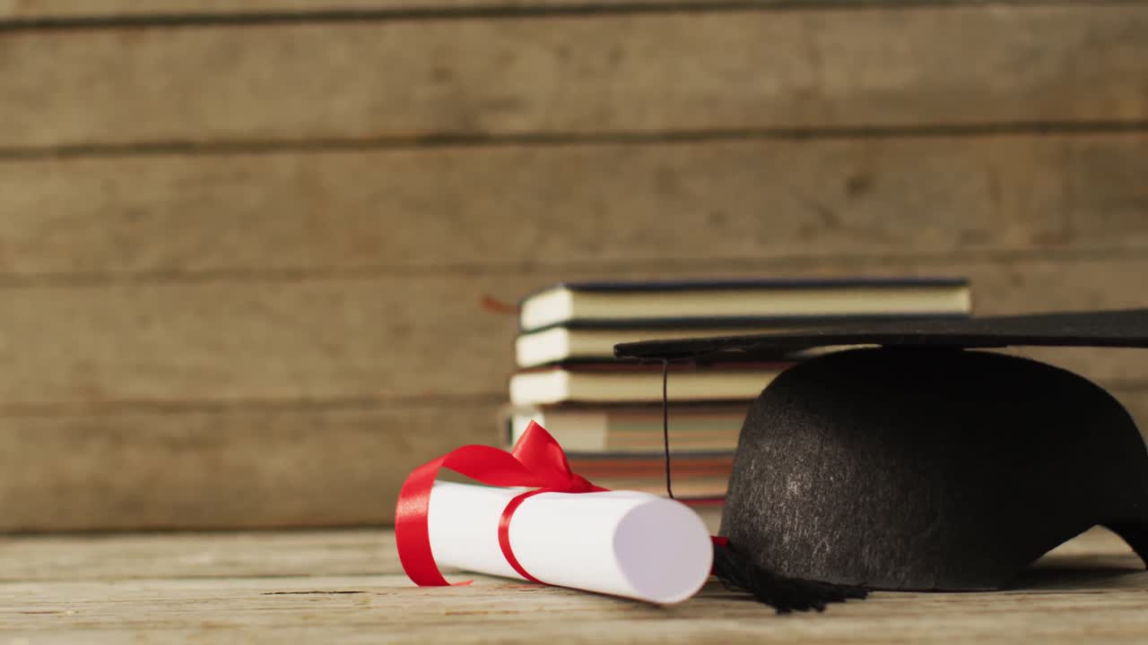 나무 표면 에 리본 과 책 이 있는 종이 롤 의 비디오