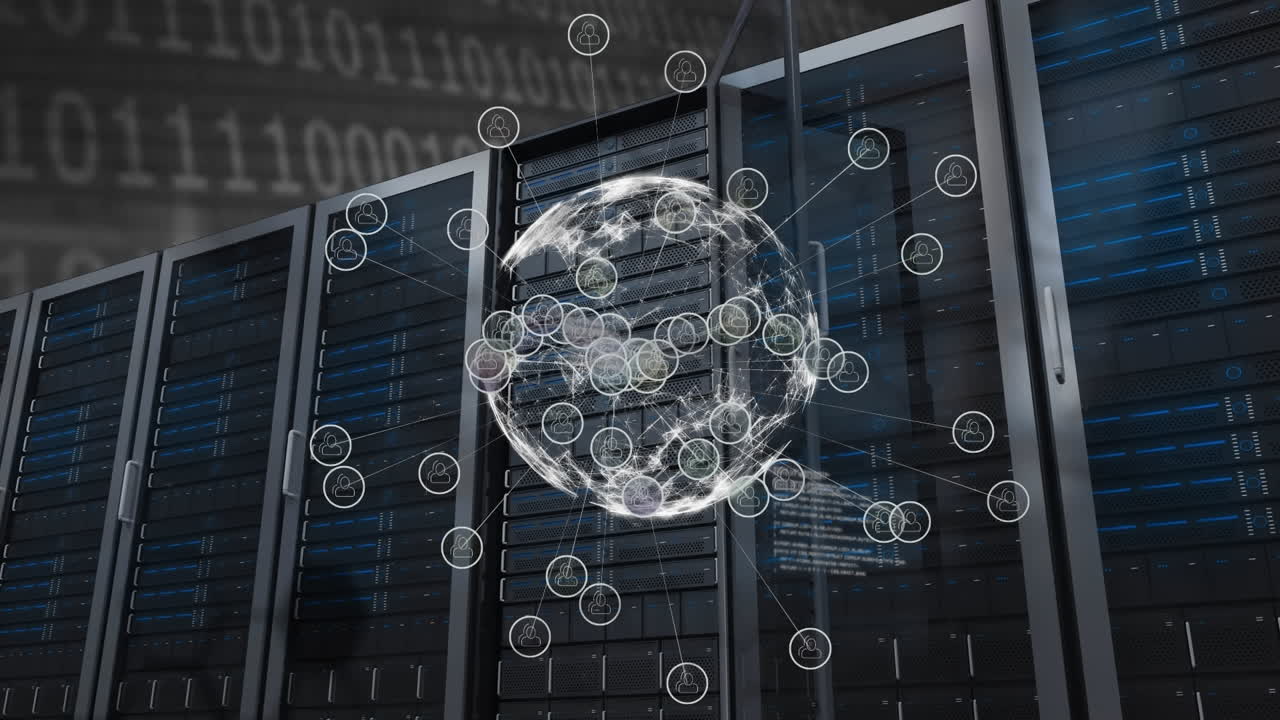 Animation of data processing with globe over server room