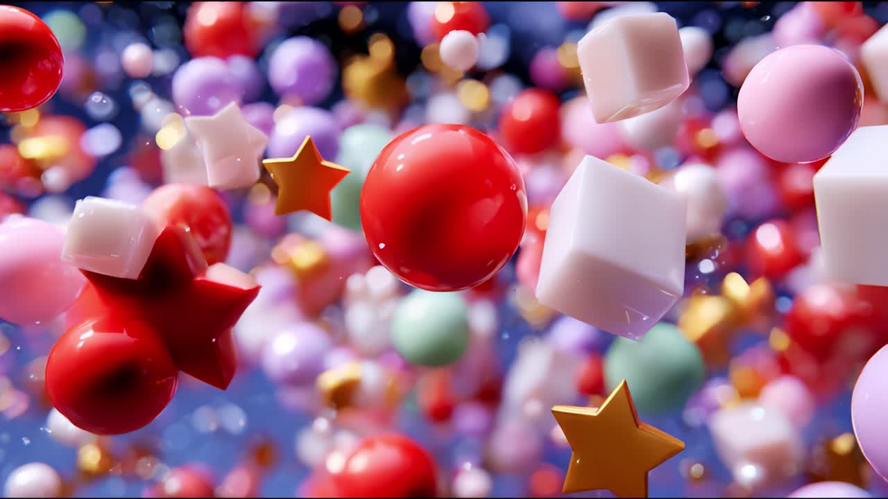 A Stunning Visual Composition of Colorful Floating Shapes: An Eye-Catching Display of Various 3D Geometric Figures, Including Stars, Spheres, and Cubes Against a Vibrant Background, Creating a Captivating Scene