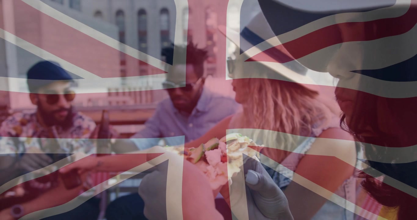 Matannonse med kvinne med hatt som strekker seg etter et pizzastykke, deretter venner som skåler med øl under et overlegg av det britiske flagget.