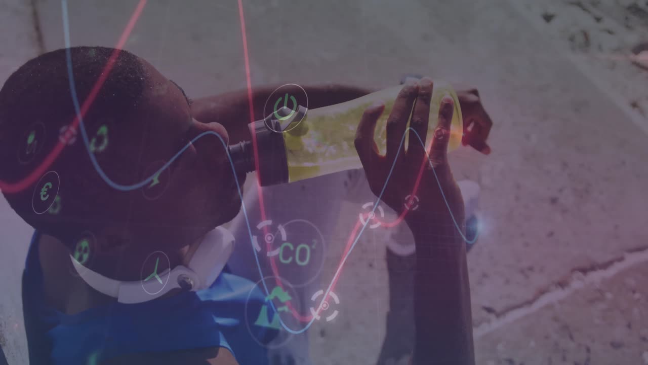 Glowing data processing against african american fit man drinking water