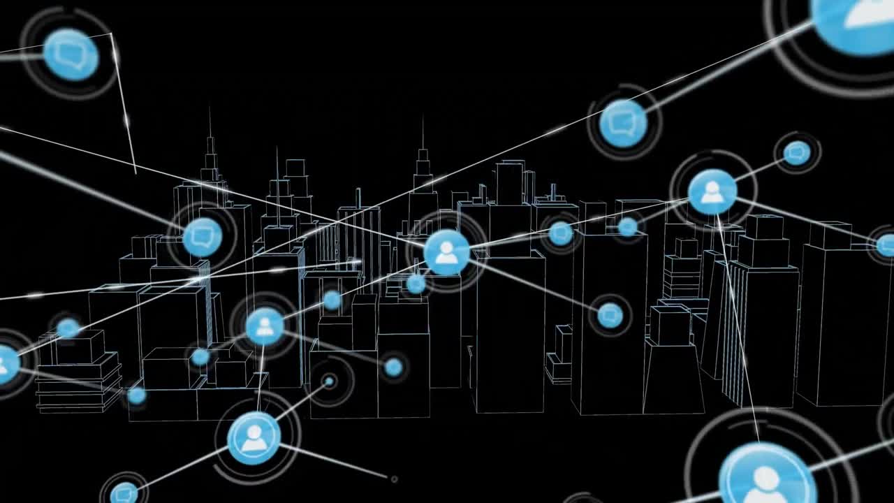 Animation of network of connections with icons over 3d city drawing