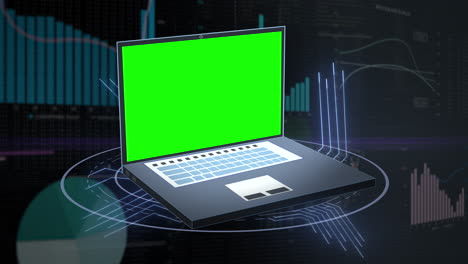 green screen placeholder on animated laptop - notebook symbol against technical background with graphs, charts and business financial data