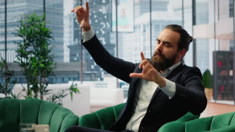 vertical video male entrepreneur studying investments on a hologram illustration