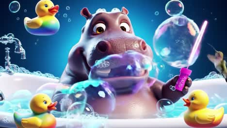 a playful hippo enjoys a fun bath time with colorful rubber ducks and bubbles, creating a joyful atmosphere filled with light and laughter