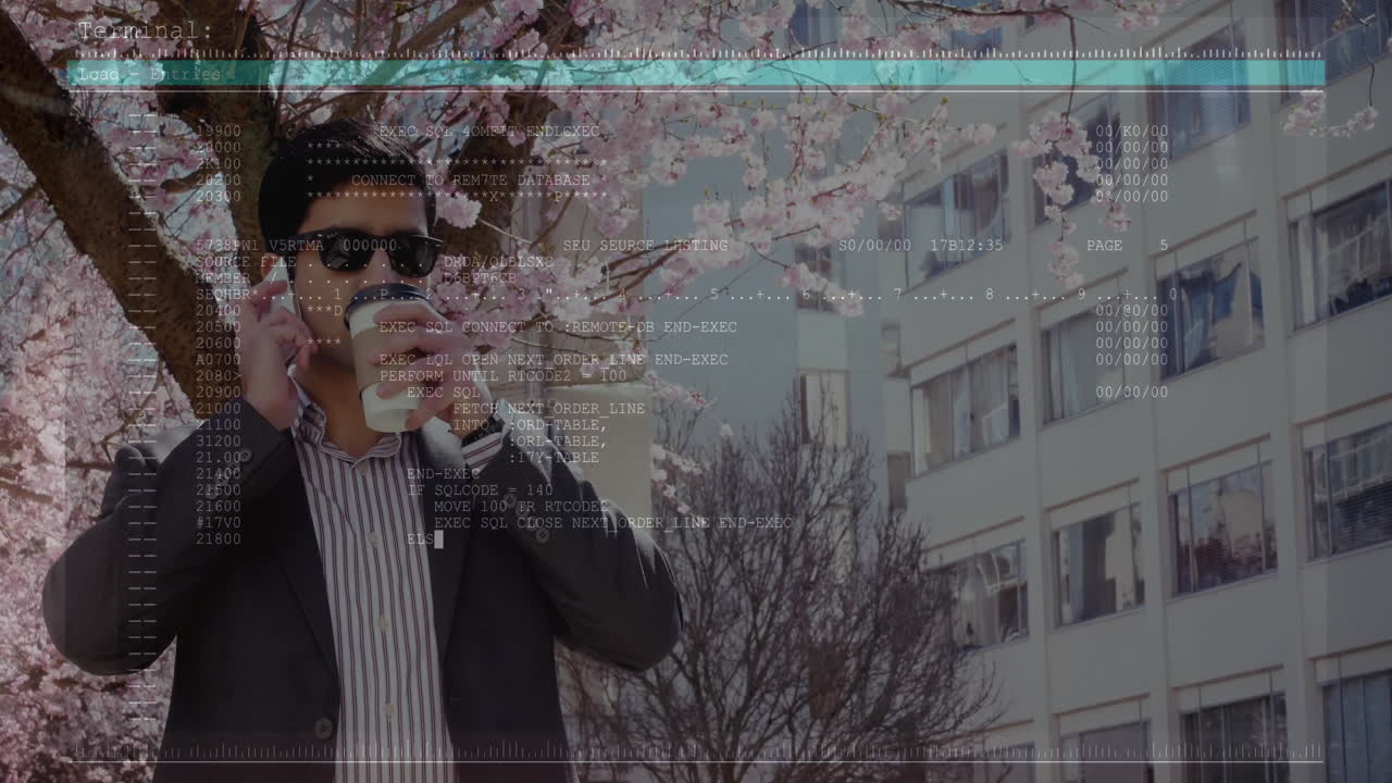 Man in sunglasses drinking coffee under cherry blossoms with data overlay animation