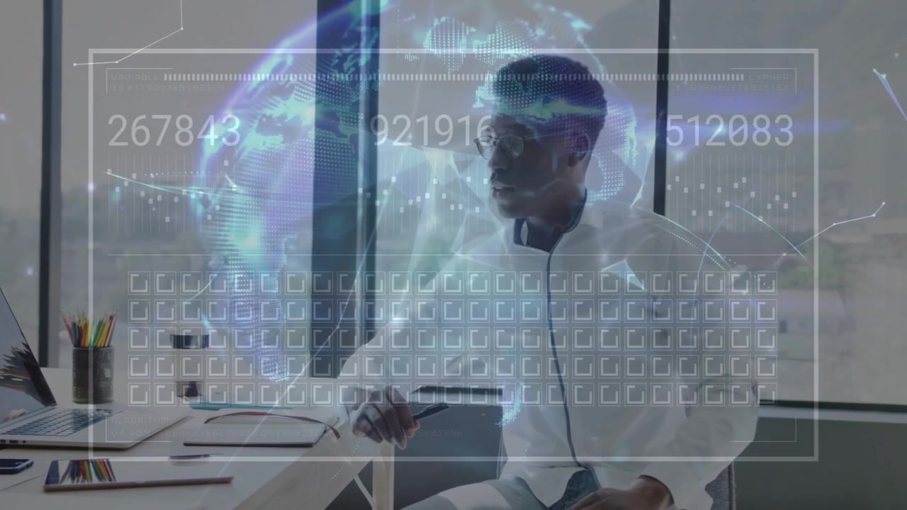 IT data analyst viewing laptop and initiating animated overlay transforming into globe for analysis