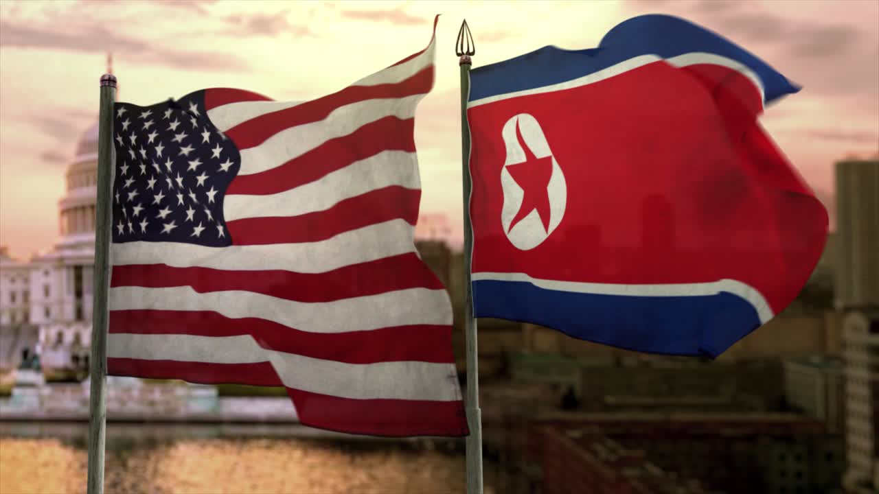 워싱턴과 평양의 합성 배경 위에 미국 국기와 북한 국기의 cgi 3d 애니메이션