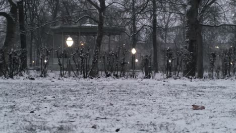 Niedrige-Kamerafahrt-Des-Kiosks-Im-Verschneiten-Brüsseler-Park,-Erleuchtet-Mit-Warmen-Farblampen