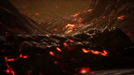 lava fundida roja y vibrante que fluye sobre un campo de lava gris y una tierra rocosa brillante