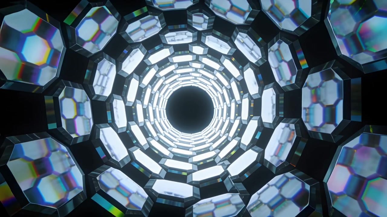 Túnel concéntrico facetado que se cierra en un interior CGI, respondiendo a la cámara que se aproxima.