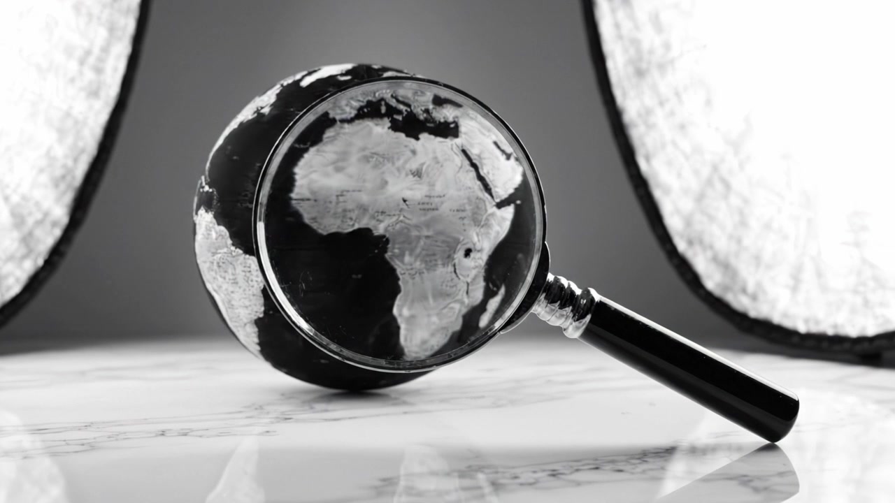 Esplorando il Mondo: Una Lente d'Ingrandimento in Bianco e Nero Sopra un Globo che Evidenzia l'Esplorazione e la Scoperta Globale in un'Estetica Monocromatica Elegante.