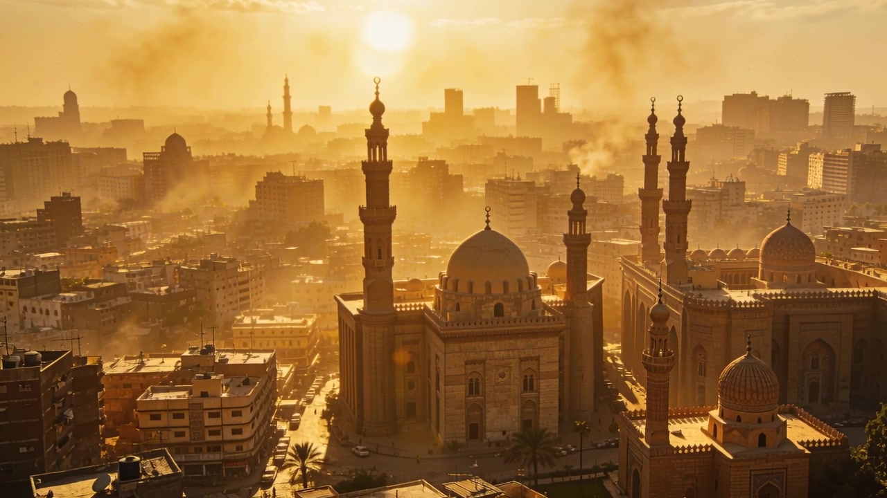 Complesso di moschee illuminato immerso in una luce dorata in un panorama di tetti della città, il sole che rivela una colonna di fumo