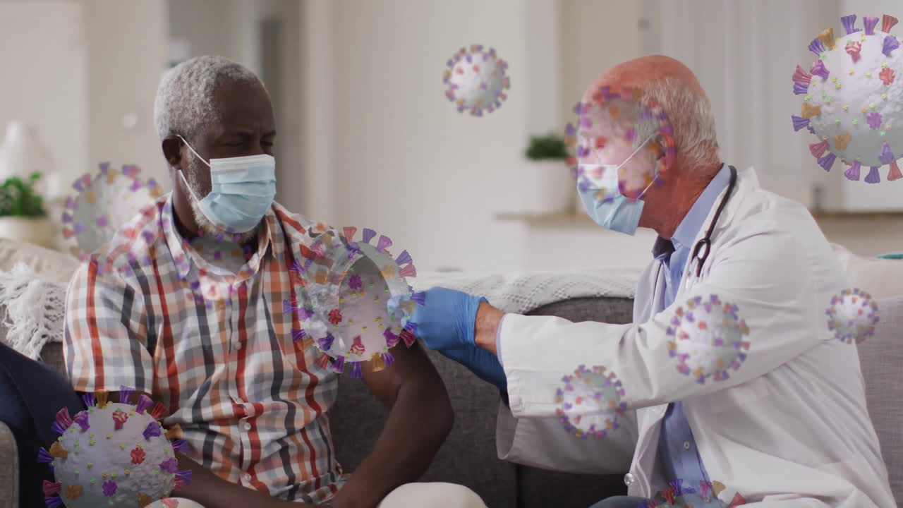 Animation of virus cells over caucasian male doctor with patient taking vaccine