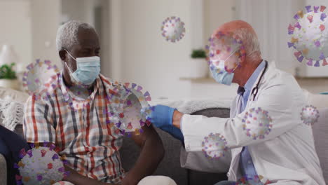 Animación-De-Células-Virales-Sobre-Un-Médico-Varón-Caucásico-Con-Un-Paciente-Tomando-La-Vacuna