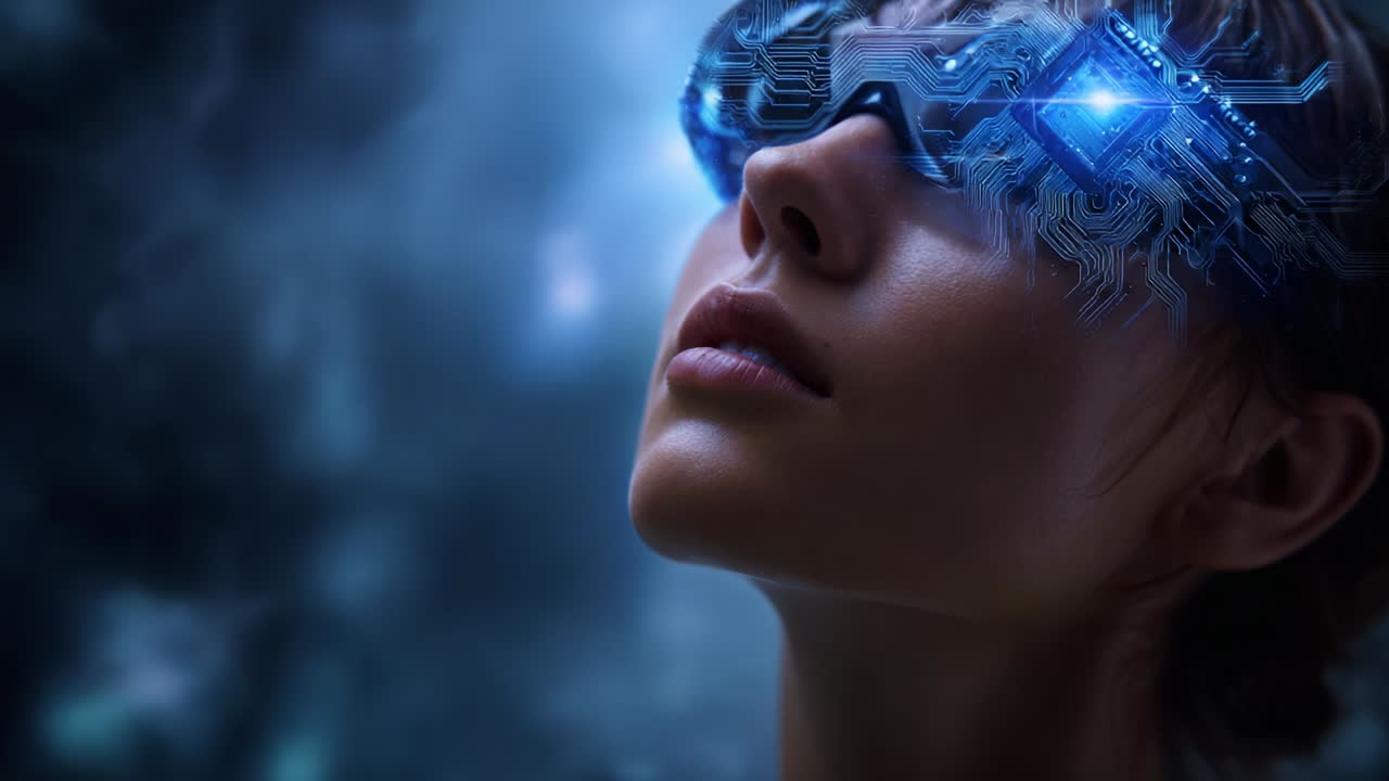 A futuristic woman gazes upward, her technologically advanced glasses adorned with intricate blue circuitry, showcasing a merger of human intuition and artificial intelligence in a mesmerizing digital realm