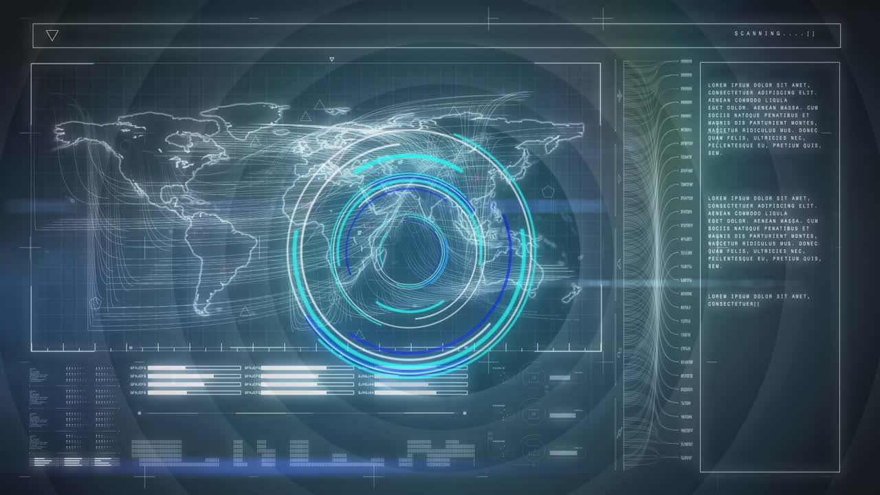 animación del procesamiento de datos con escaneo de alcance sobre el mapa del mundo sobre fondo negro
