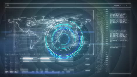 animación del procesamiento de datos con escaneo de alcance sobre el mapa del mundo sobre fondo negro